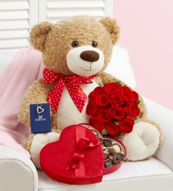 Big Bear with Red Roses, Sparkle, and Sweets