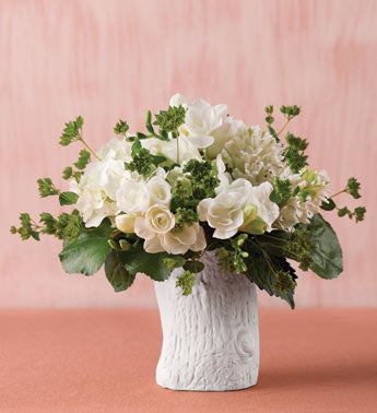 white hydrangea and hyacinth faux bois vase