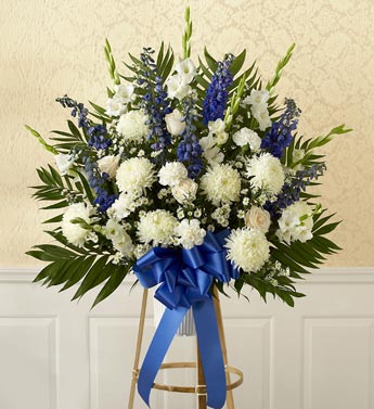 blue and and white standing basket for sympathy