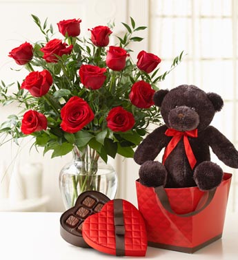 /one dozen red roses, with plush & chocolate